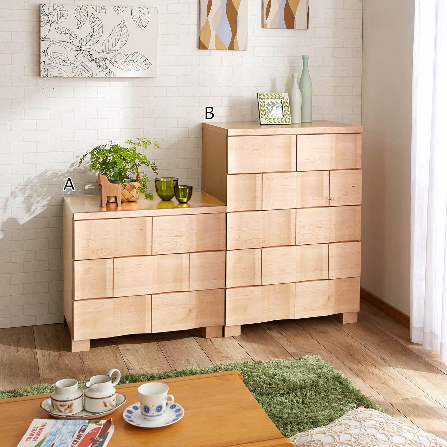 波形デザインの天然木収納チェストの商品写真