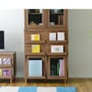 フラップ扉の木目調引出し付きディスプレイキャビネットの商品写真