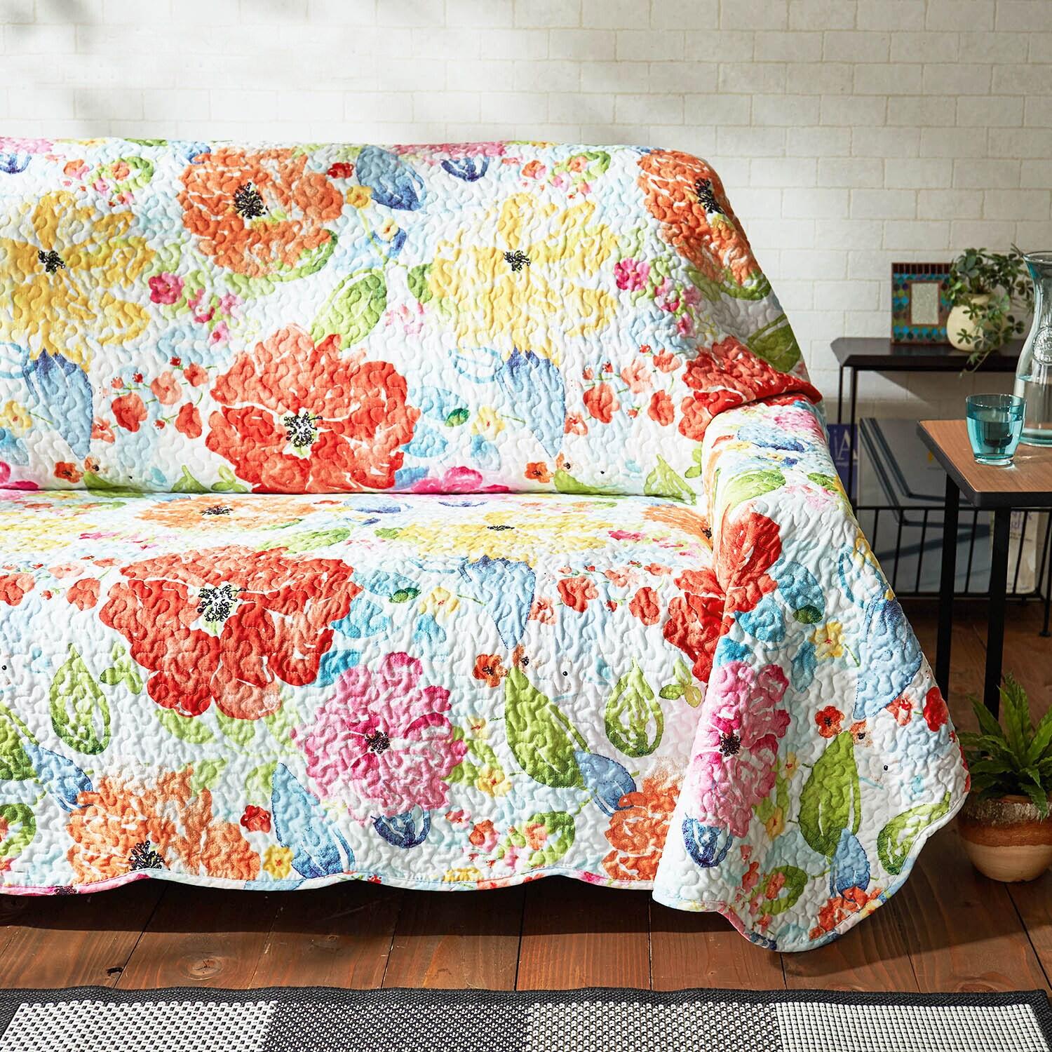 フラワー柄のリバーシブルキルトマルチカバー・ソファーカバーの商品写真