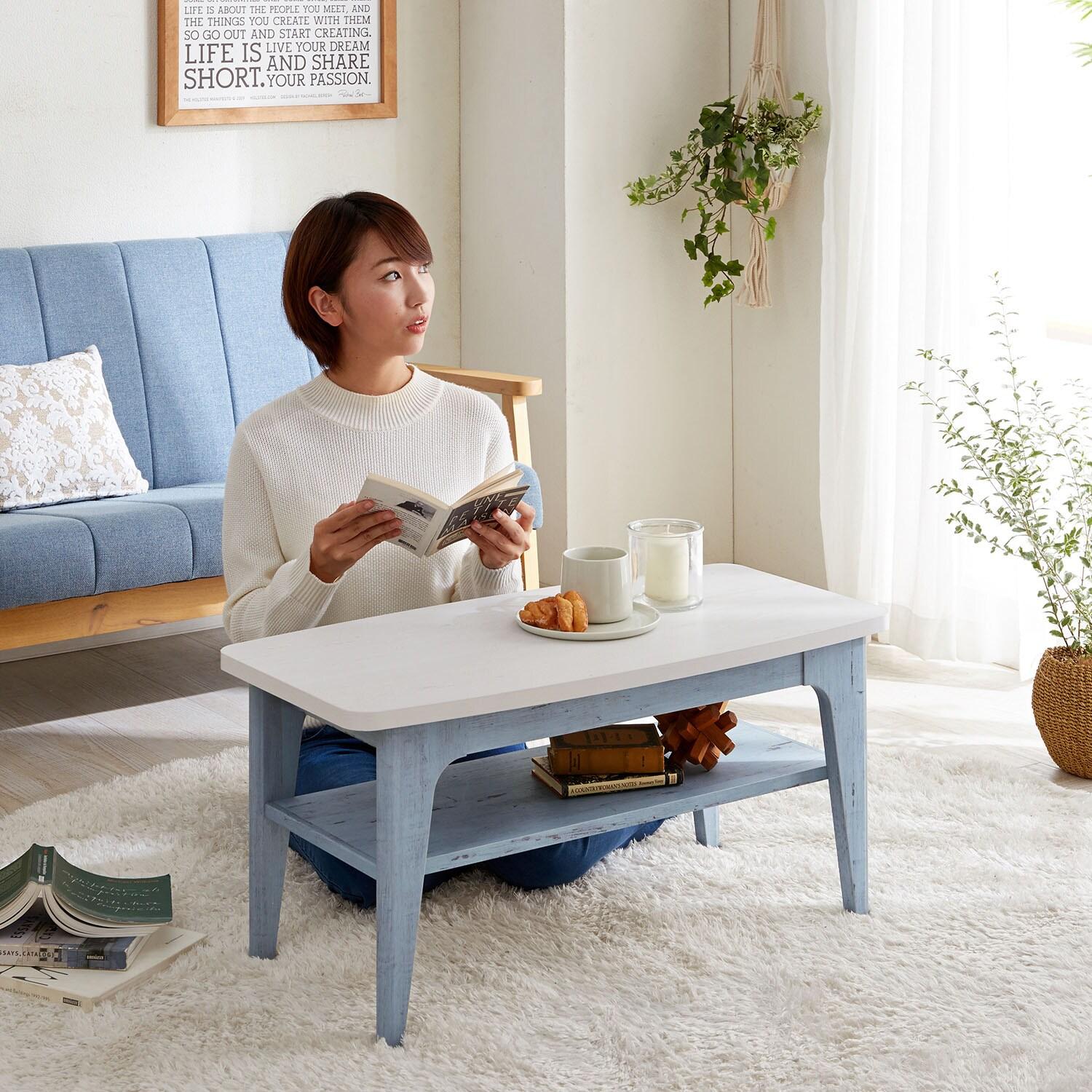 フレンチシャビー風棚付きリビングローテーブルの商品写真