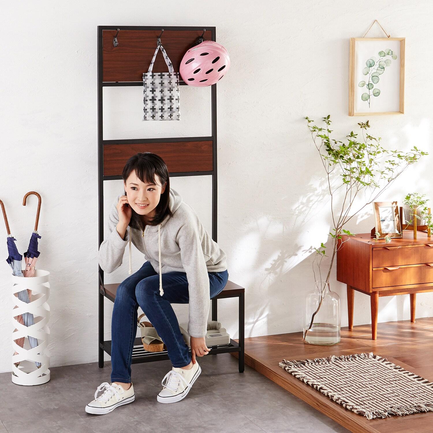 フック&収納棚付き玄関収納ベンチ <幅61cm>の商品写真