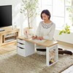 折りたたみ式!引出し&ラック付きローデスク 【パソコンデスクとしても】の商品写真