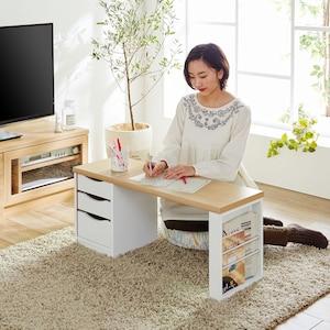 折りたたみ式!引出し&ラック付きローデスク 【パソコンデスクとしても】の商品写真