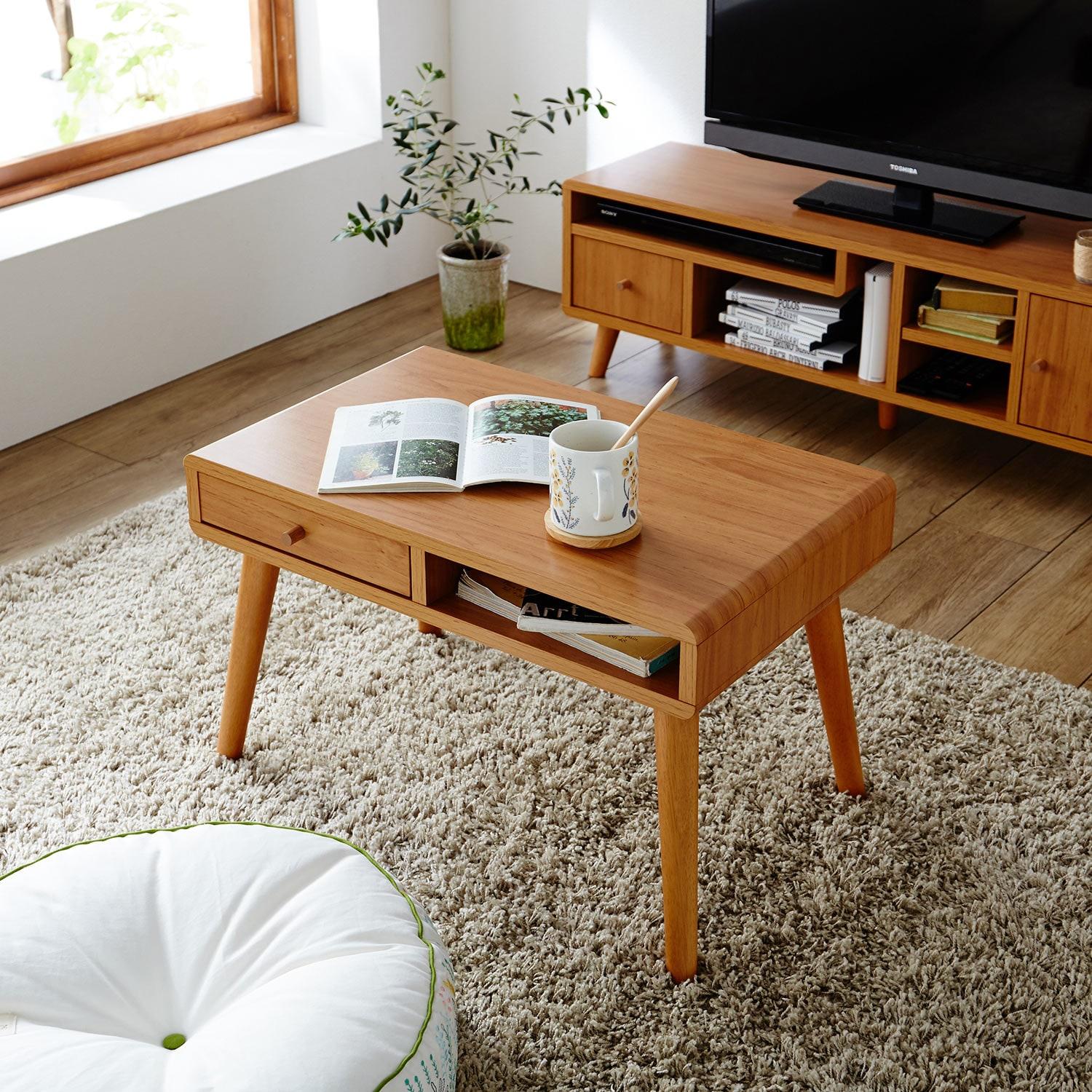 丸みがかわいい北欧調引出し付きリビングローテーブルの商品写真