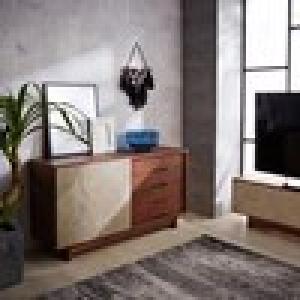 天然石を使用したウォルナット材のリビングキャビネットの商品写真