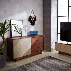 天然石を使用したウォルナット材のリビングキャビネットの商品写真