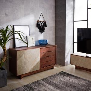 天然石を使用したウォルナット材のリビングキャビネットの商品写真