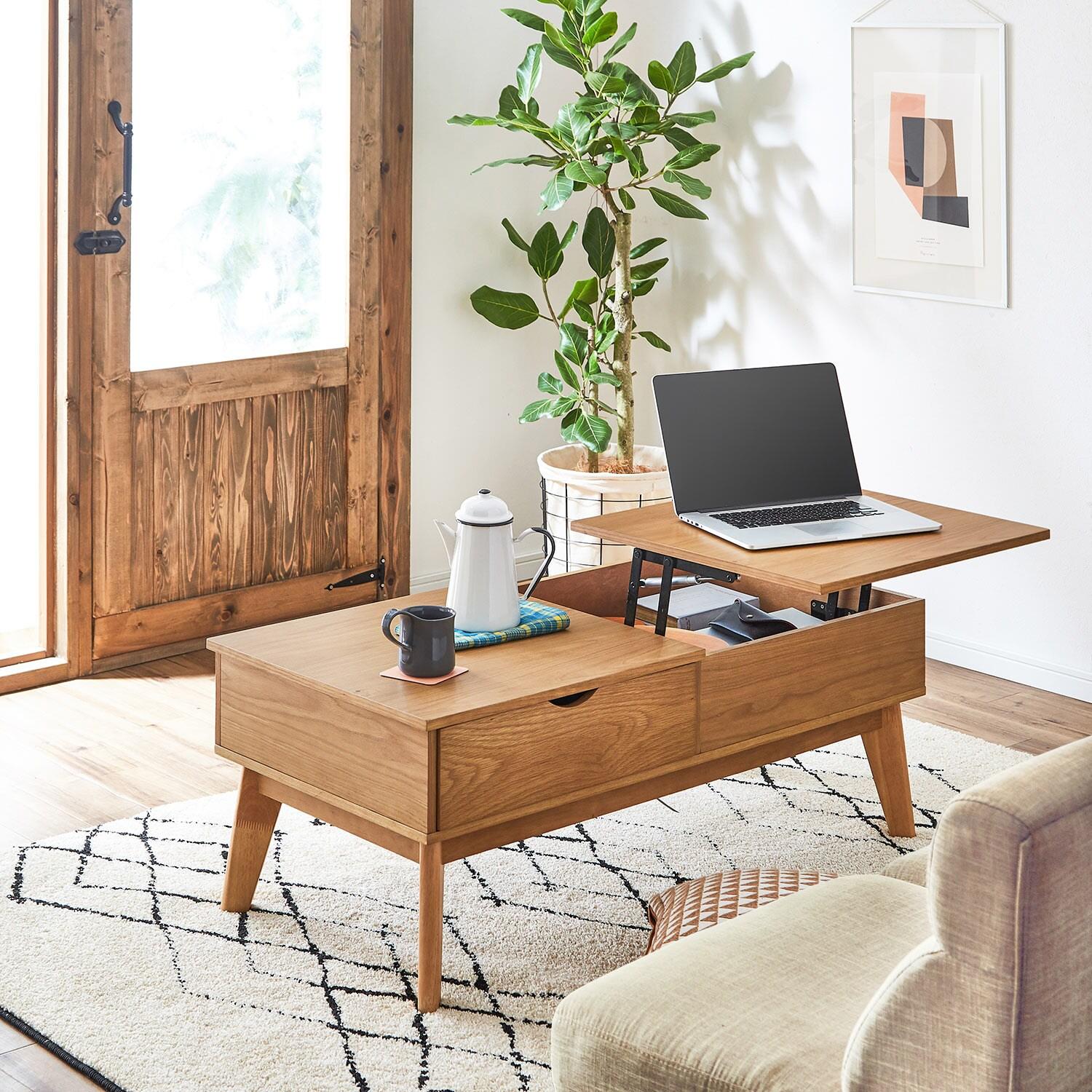 作業がしやすい!天然木の引出し付き天板昇降式リビングテーブルの商品写真