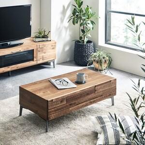 塩系インテリアにピッタリの古材調引出し付きリビングローテーブル[日本製]の商品写真