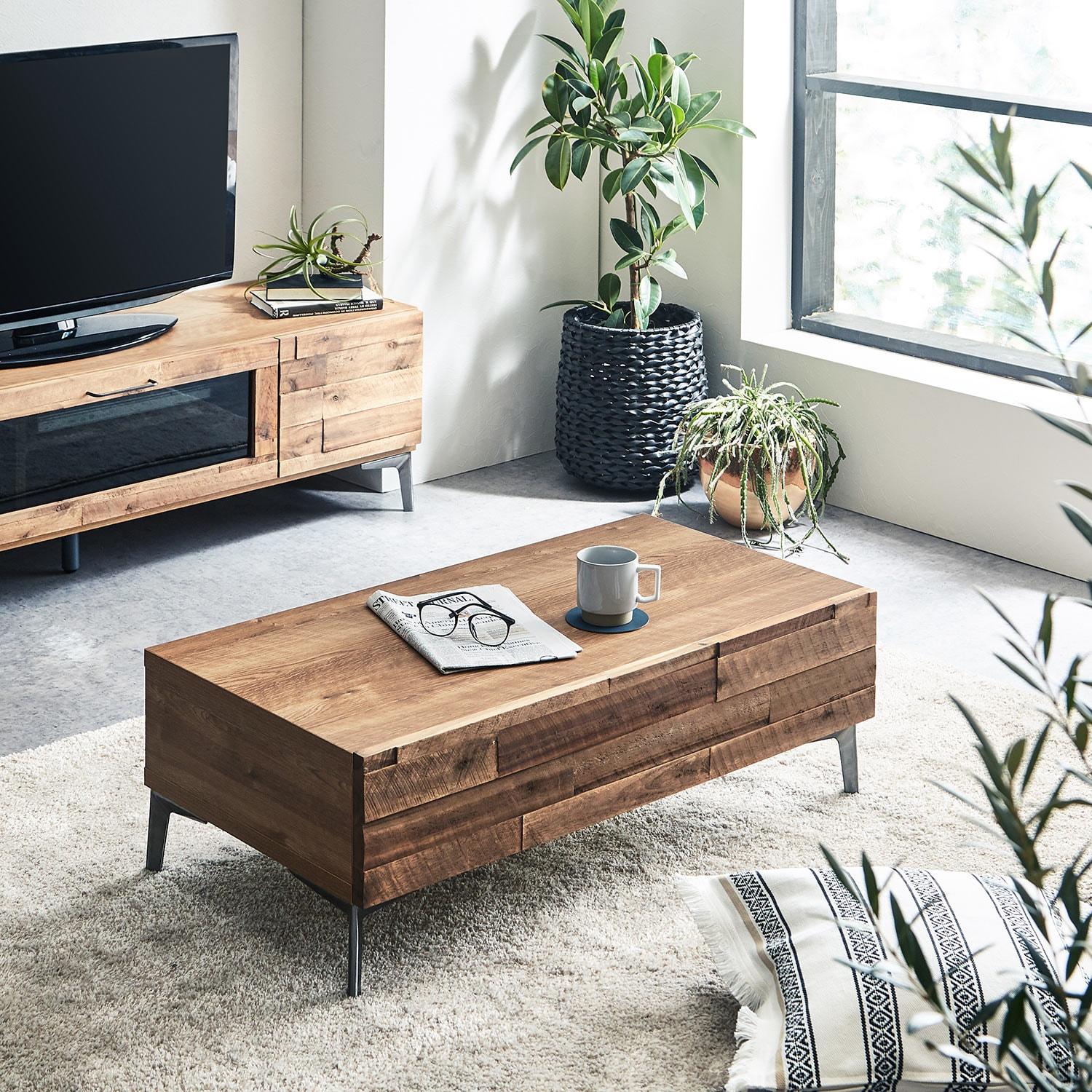 塩系インテリアにピッタリの古材調引出し付きリビングローテーブル[日本製]の商品写真