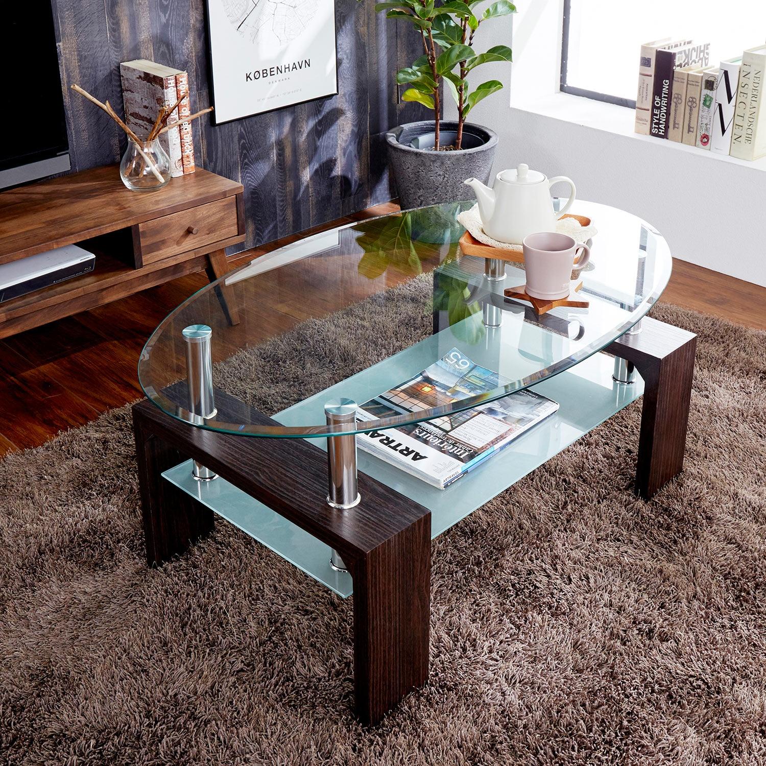 ガラス天板の楕円形リビングローテーブルの商品写真