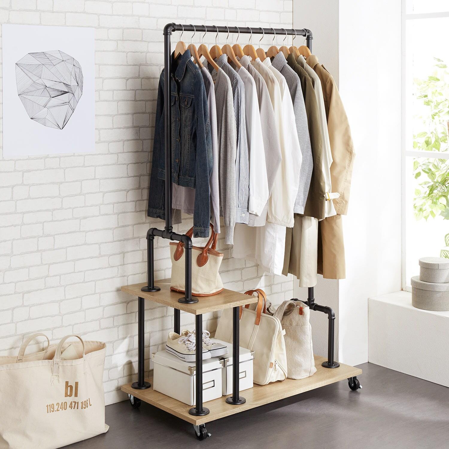 ガス管デザインの棚付きハンガーラック <幅90cm>の商品写真