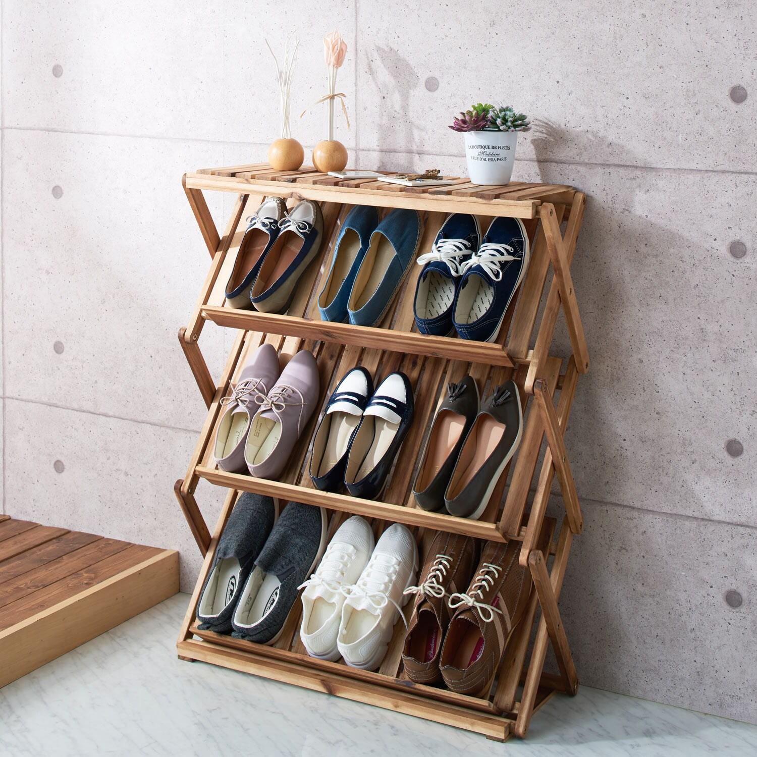 アカシア材の折りたたみシューズラックの商品写真