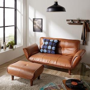 【日本製】ヴィンテージ調合皮のポケットコイル入りリクライニングソファー・オットマンの商品写真