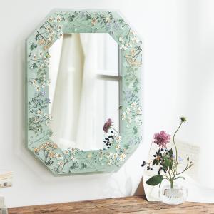 フラワー柄の壁掛け八角鏡 <約29×37.5cm>【ウォールミラー】の商品写真