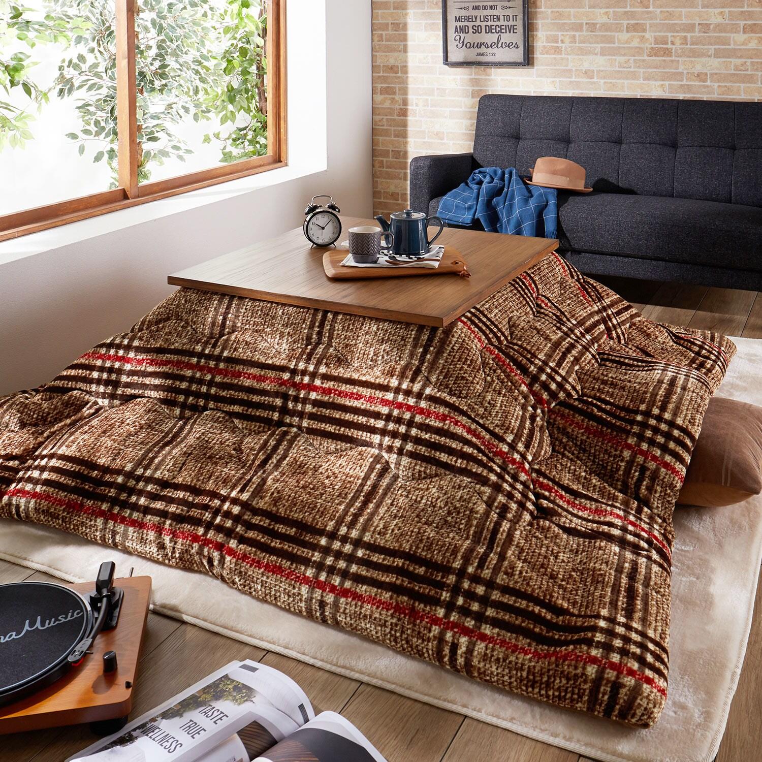 サイズが豊富なチェック風プリントの洗える薄掛けこたつ布団の商品写真