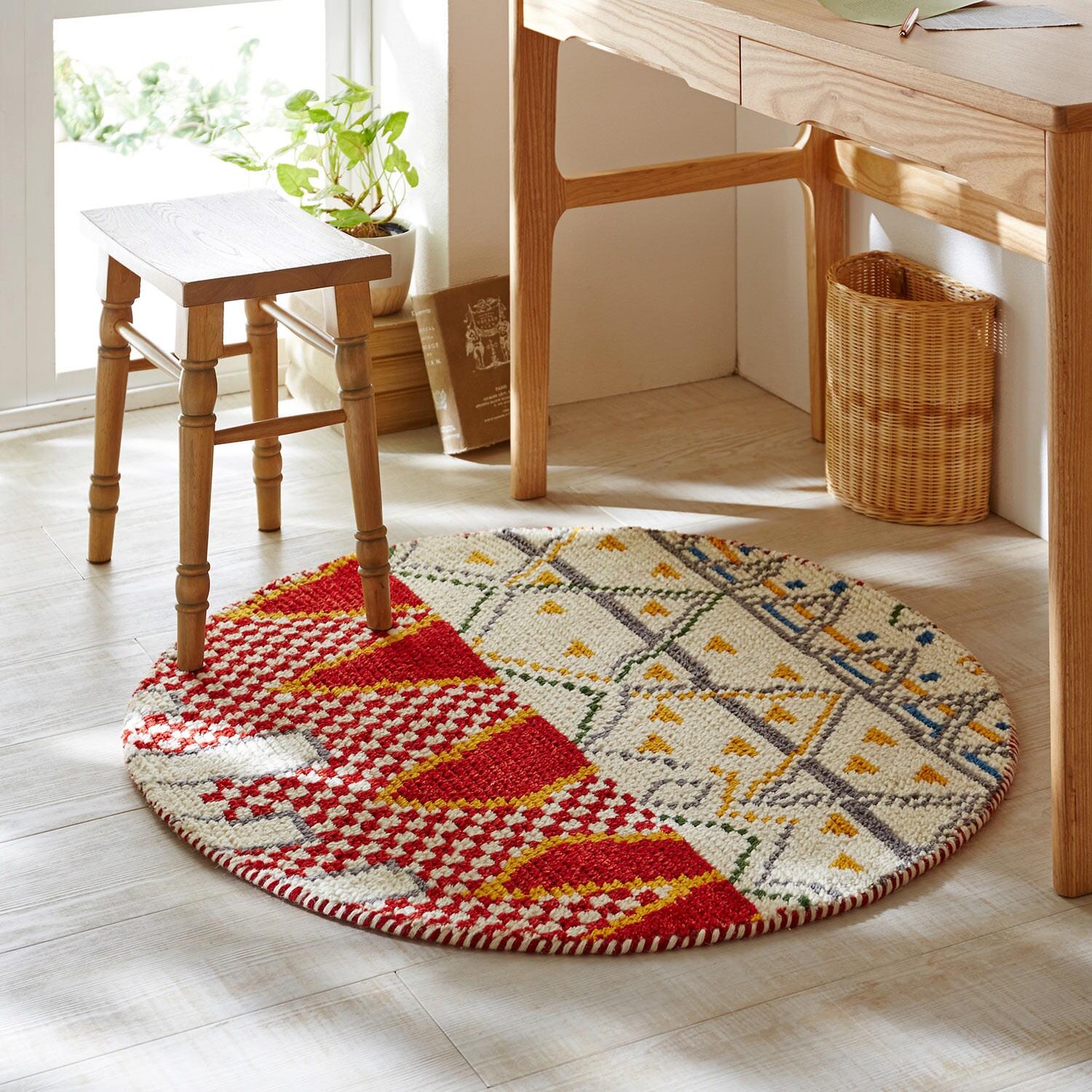 ウール100%ギャッベ調円形ミニラグ <直径約90cm>の商品写真