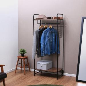 メッシュパネル付き木目調棚板のハンガーラック <幅64cm>の商品写真
