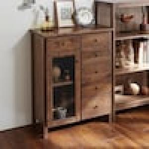 カバ材を使用した懐かしい風合いの扉収納付きチェストの商品写真