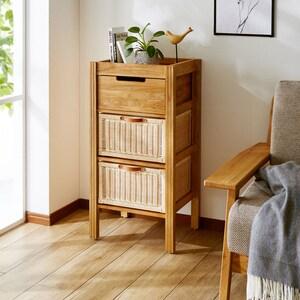 天然木とラタンのデザインスリムチェストの商品写真