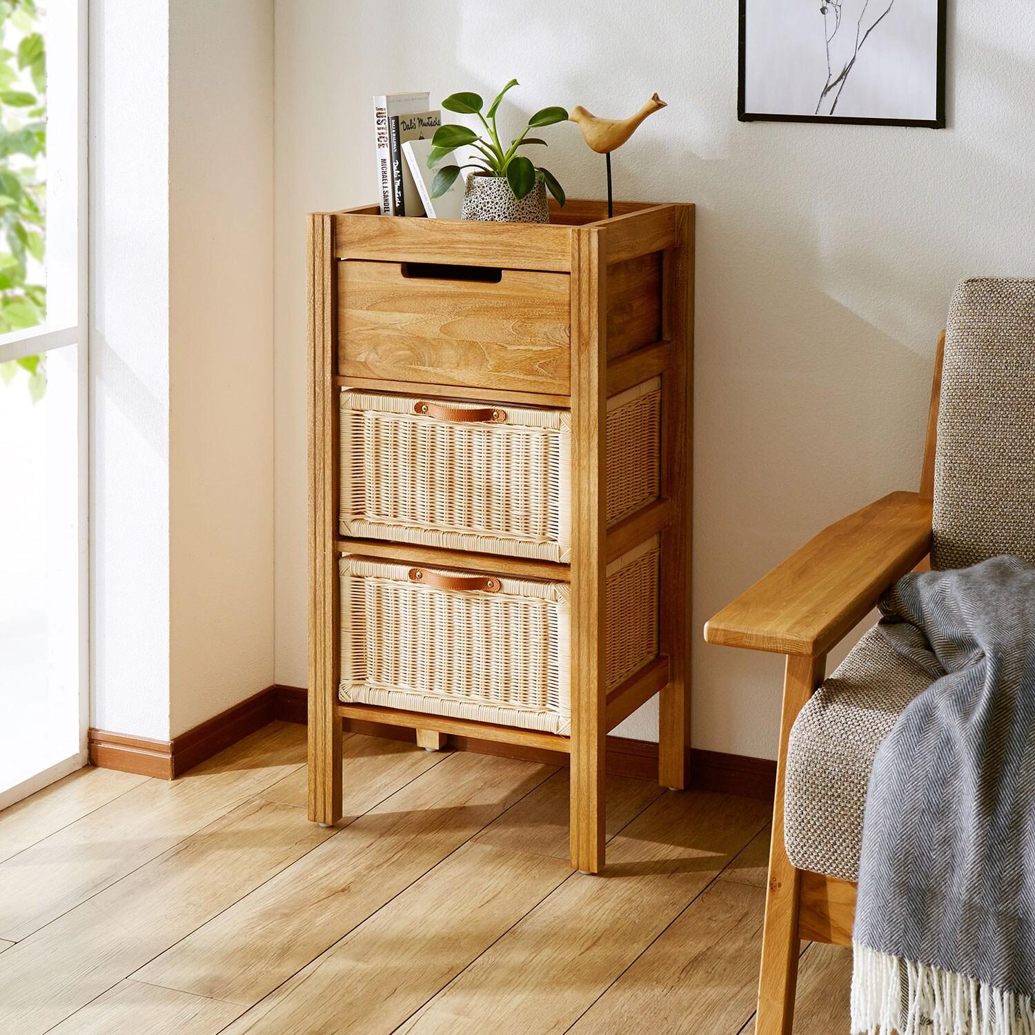 天然木とラタンのデザインスリムチェストの商品写真