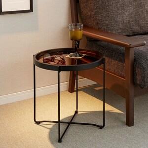 天板が壁掛けミラーにもなるスチール脚の折りたたみ円形リビングローテーブルの商品写真