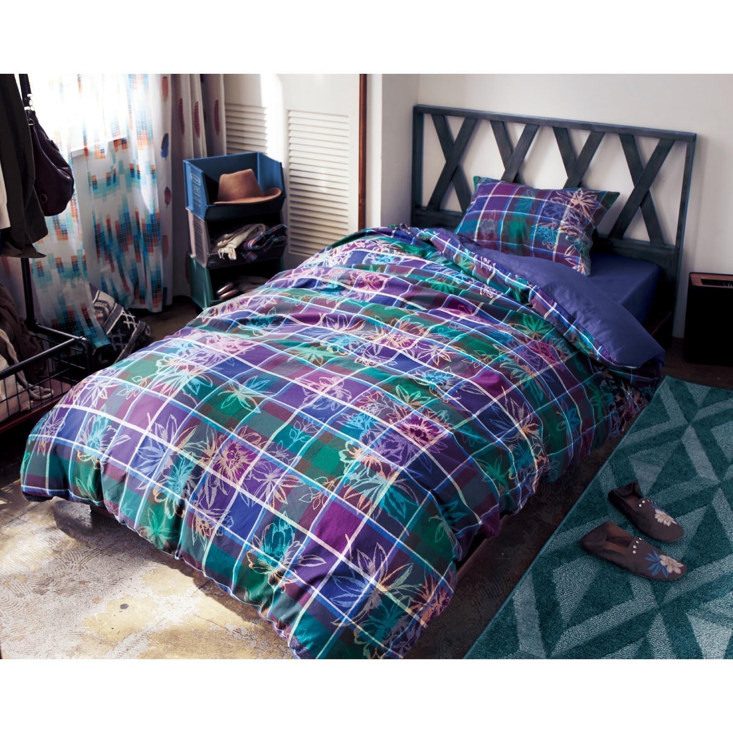 先染めチェックと花柄の布団カバーセット <3点セット>の商品写真