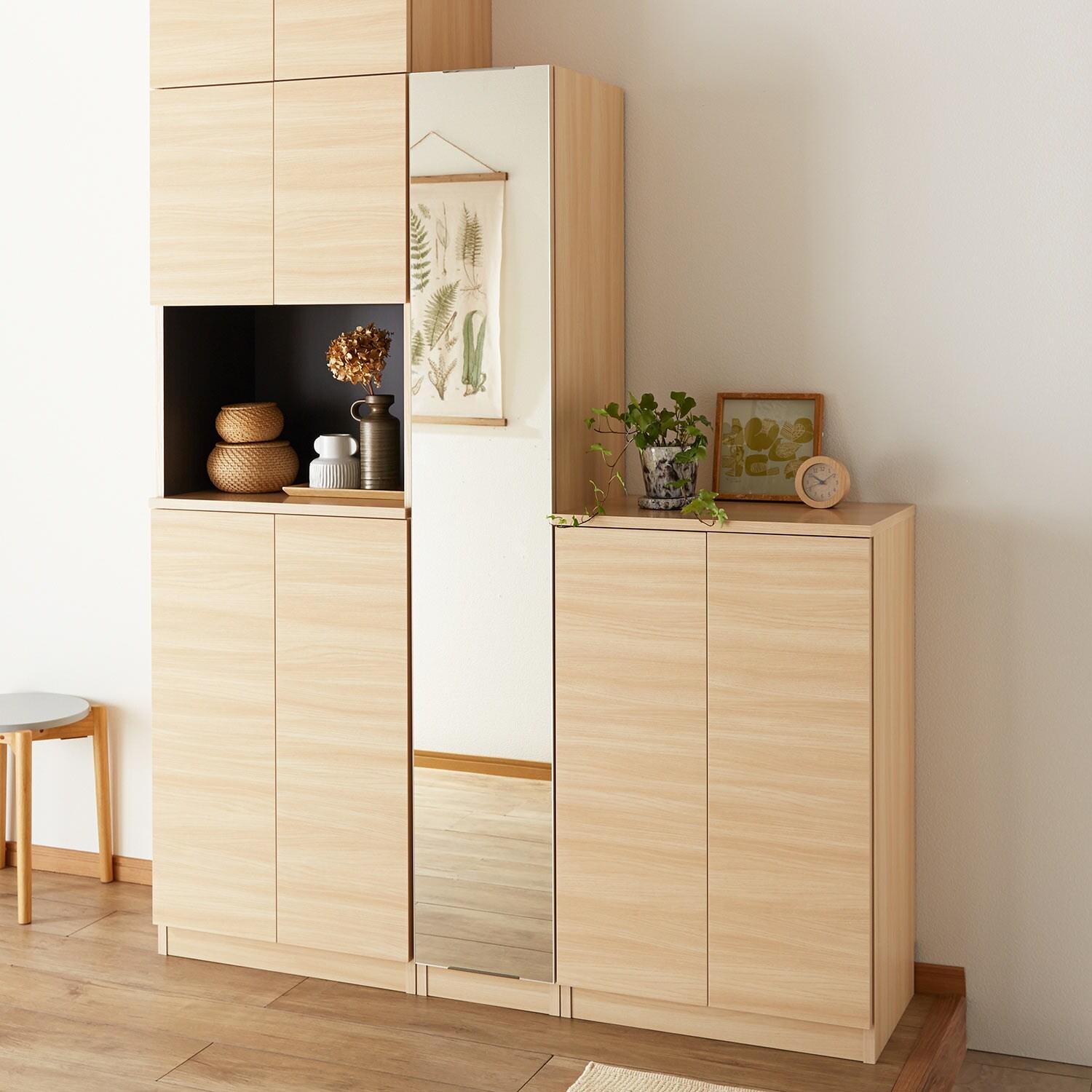 【受注生産】 木目調シューズボックス(ミラー扉タイプ)[日本製]の商品写真