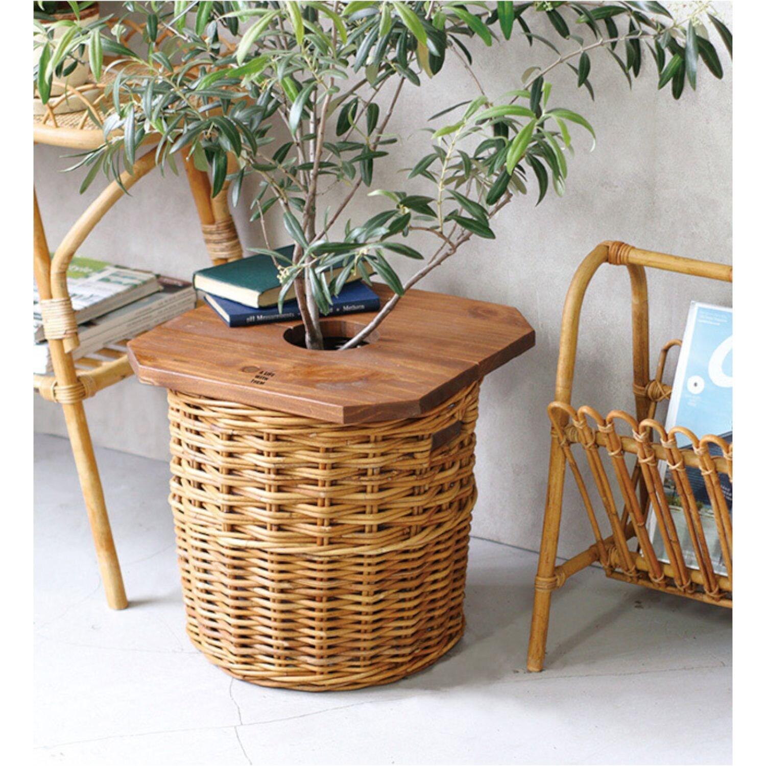 天然木テーブル付ラタンプランターカバー <スクエア/ラウンド>の商品写真