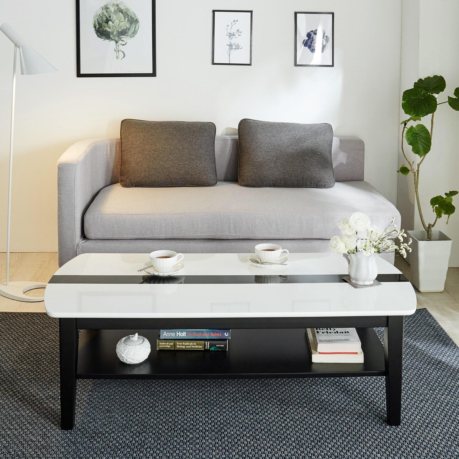 ツートンカラーの棚付きモダンリビングローテーブルの商品写真