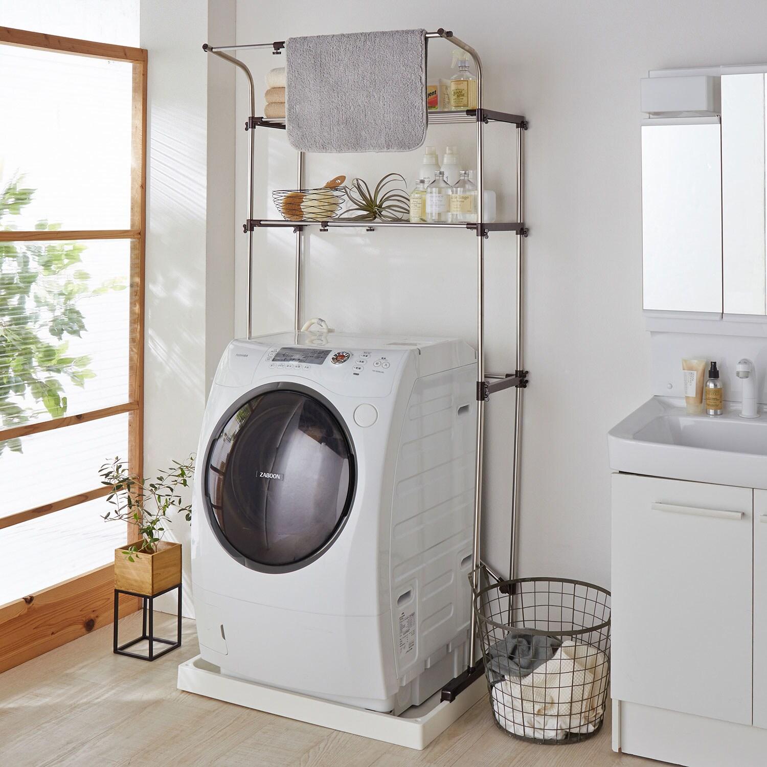 防水パンにも置けるハンガー掛け付きステンレス洗濯機ラックの商品写真