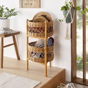 ラタンのラウンド型2段バスケットの商品写真