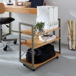 オーク材とシルバーアイアンのデスクサイドワゴンの商品写真
