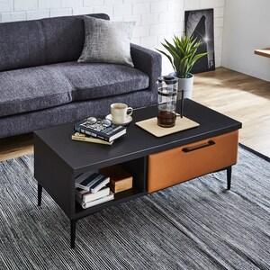 [日本製]本革調アクセントの引出し付きリビングローテーブルの商品写真