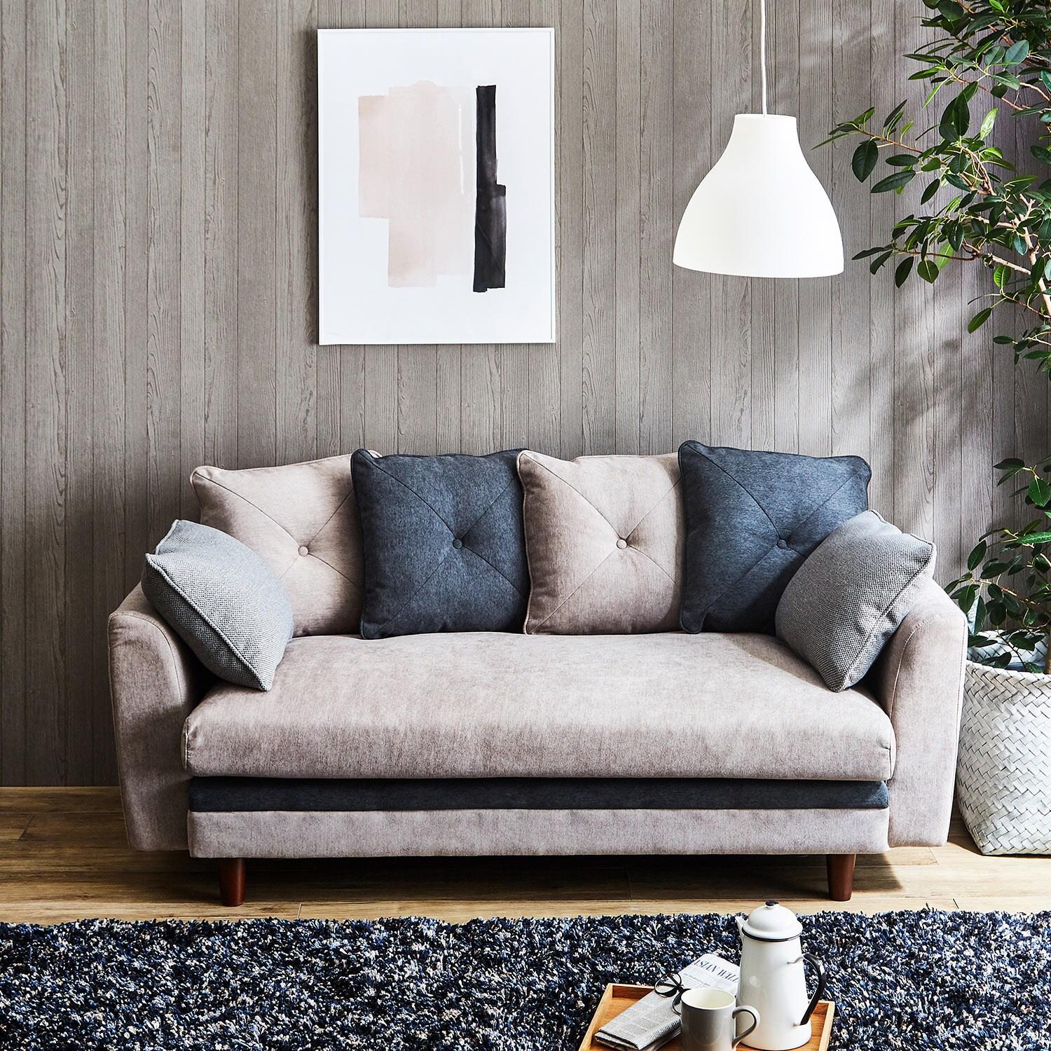 座面ゆったりのツートンカラーのクッション付きソファー <2人掛け/2人掛けワイド>の商品写真