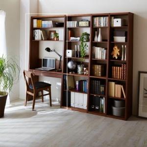 ウォルナット材の壁面本棚用連結デスクセットの商品写真