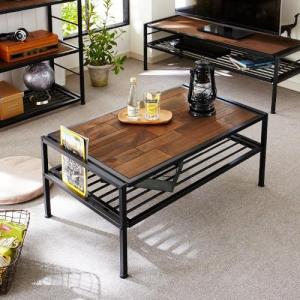 天然木のブロック調天板のビンテージ風リビングテーブルの商品写真