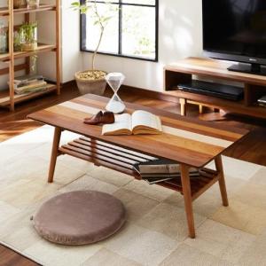 ミックス樹種天板の棚付きリビングローテーブルの商品写真