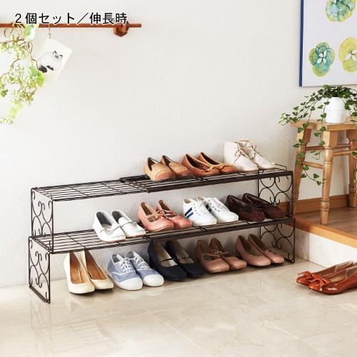 スタッキング出来る伸縮ワイドシューズラック2個セットの商品写真