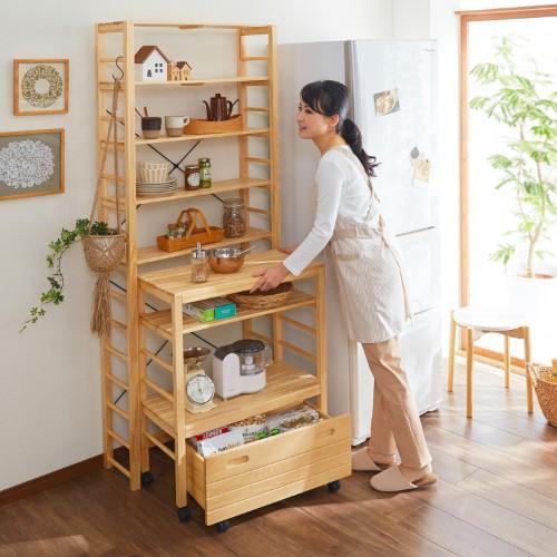 天然木のカウンターワゴン付オープンラックの商品写真