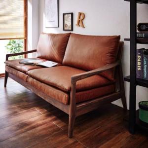 しっかりとした座り心地!ウォルナット材の本革調木肘ソファー(3人掛け)の商品写真