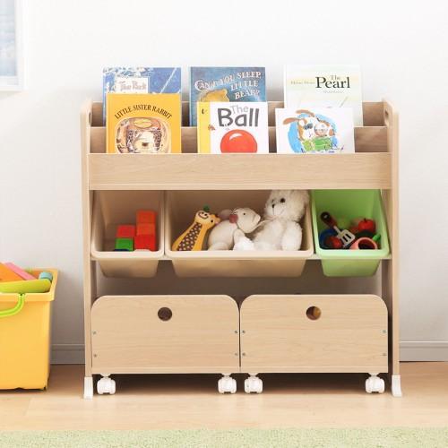 キャロットカラーの絵本ラック付きおもちゃ収納ラックの商品写真