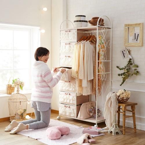 多段チェスト付き姫系ハンガーラック<幅80cm>の商品写真