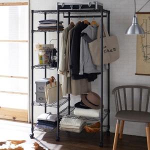 ブラックスチールのラック付きハンガーラック<幅98.5cm>の商品写真