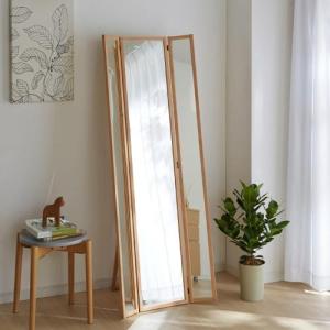 天然木フレームの三面鏡スタンドミラーの商品写真