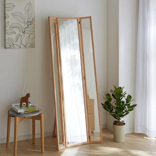 天然木フレームの三面鏡スタンドミラーの商品写真
