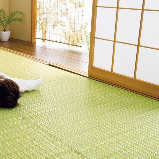 汚れもさっとふける カーペット■カラー：グリーン ベージュ ■サイズ：江戸間4.5畳(261×261cm),江戸間6畳(352×261cm),江戸間8畳(352×348cm),本間2畳(191×191cm),本間3畳(286×191cm),本間4.5畳(286×286cm),本間6畳(382×286cm),本間8畳(382×382cm),江戸間2畳(174×174cm),江戸間3畳(261×174cm)の商品写真